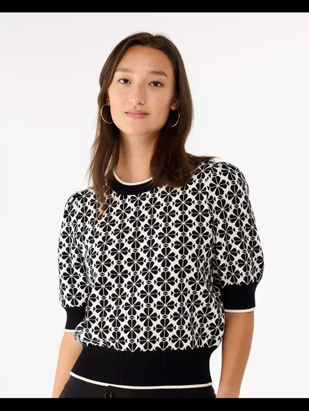 kate spade Black & White Spade Flower Jacquard Crewneck Sweater, Size XS. - Picture 4 of 4